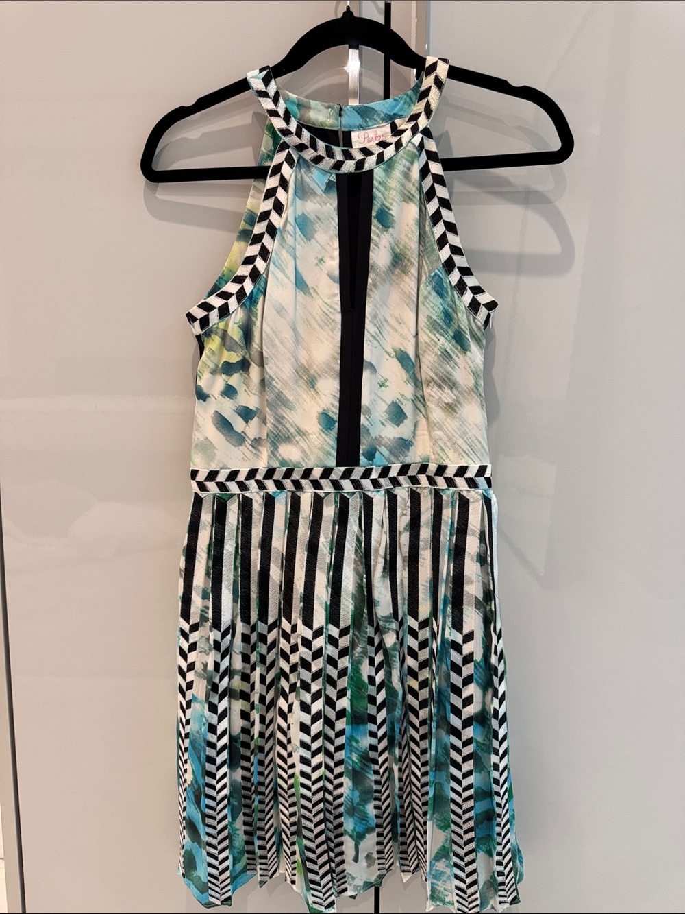 Parker Teal,Aqua & Black Printed Halter Dress